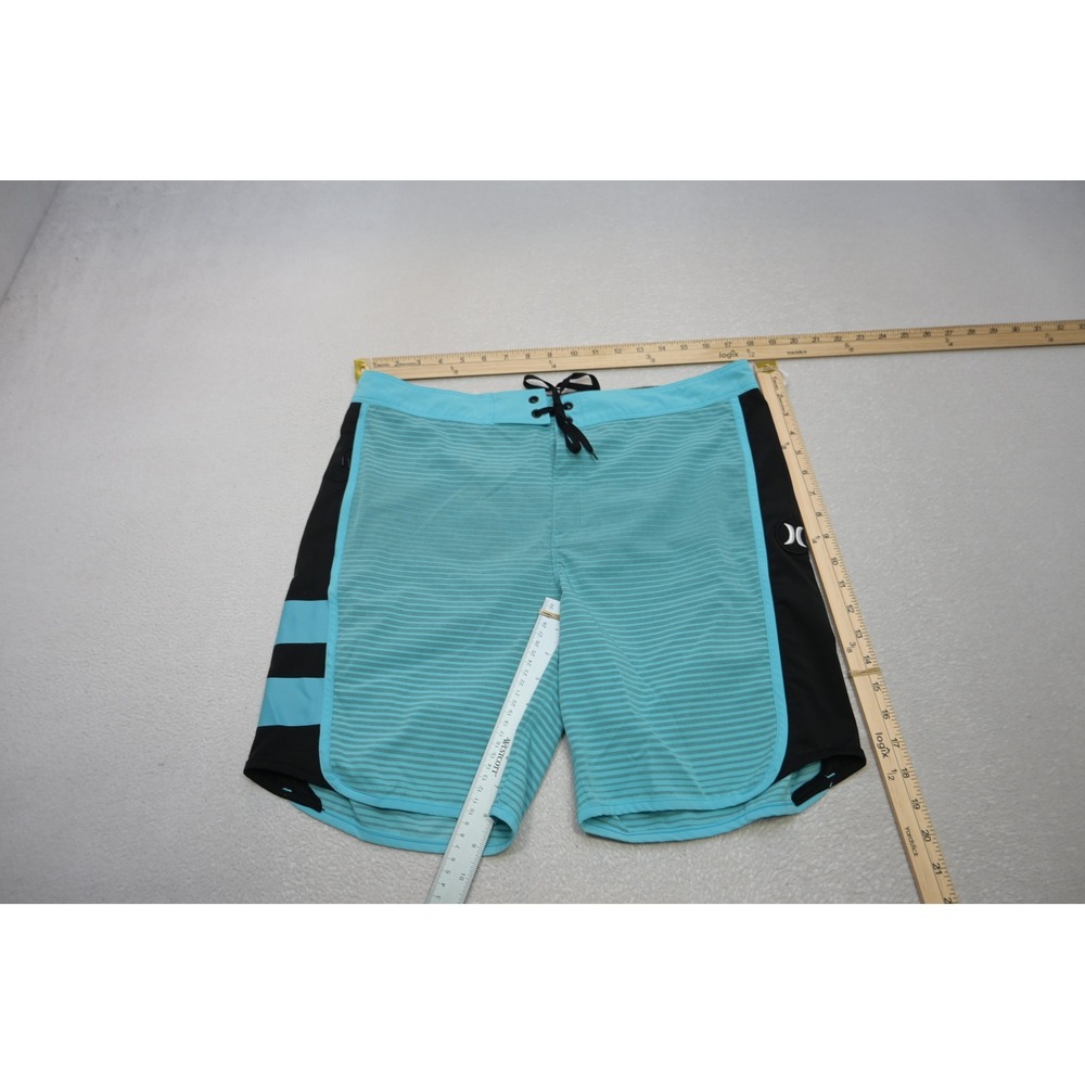 Hurley Board Shorts Mens 33‎ Turquoise Black Striped Swim Trunks Excellent